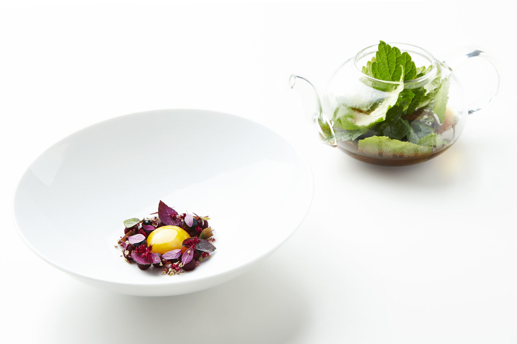 Geranium 92- Restaurant Geranium_Biodynamic egg yolk in melted pork fat, pickled beets _ infusion of black currant leaves